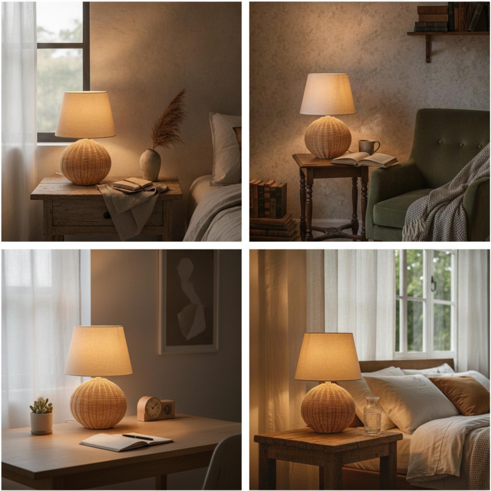Bedside Lamp Rattan Base Fabri - огляд і ціна Lighting Decor Room